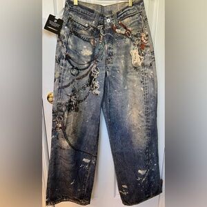 NWT Innovare Denim Jeans Wide Leg Sz S trompe l'oeil keychain print accent jeans